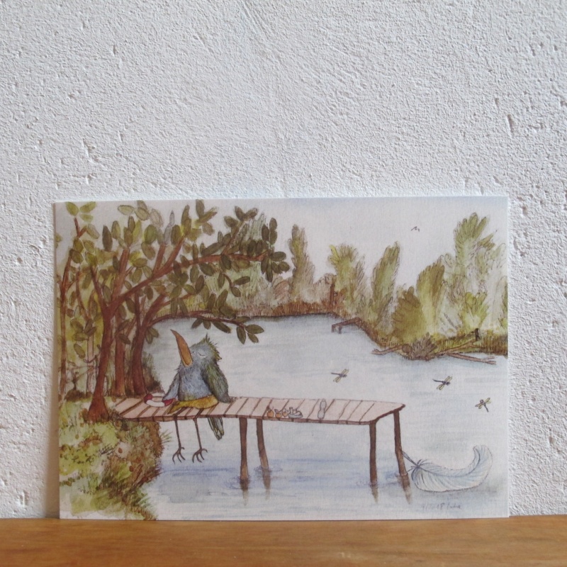 Aquarell-Illustration mit Vogel und Rettungsring in blau am See