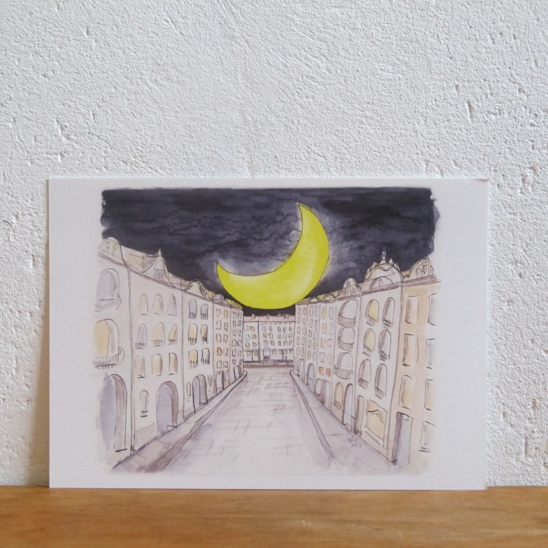 Straßenflucht mit Mond und dunkelblauem Himmel, Illustration