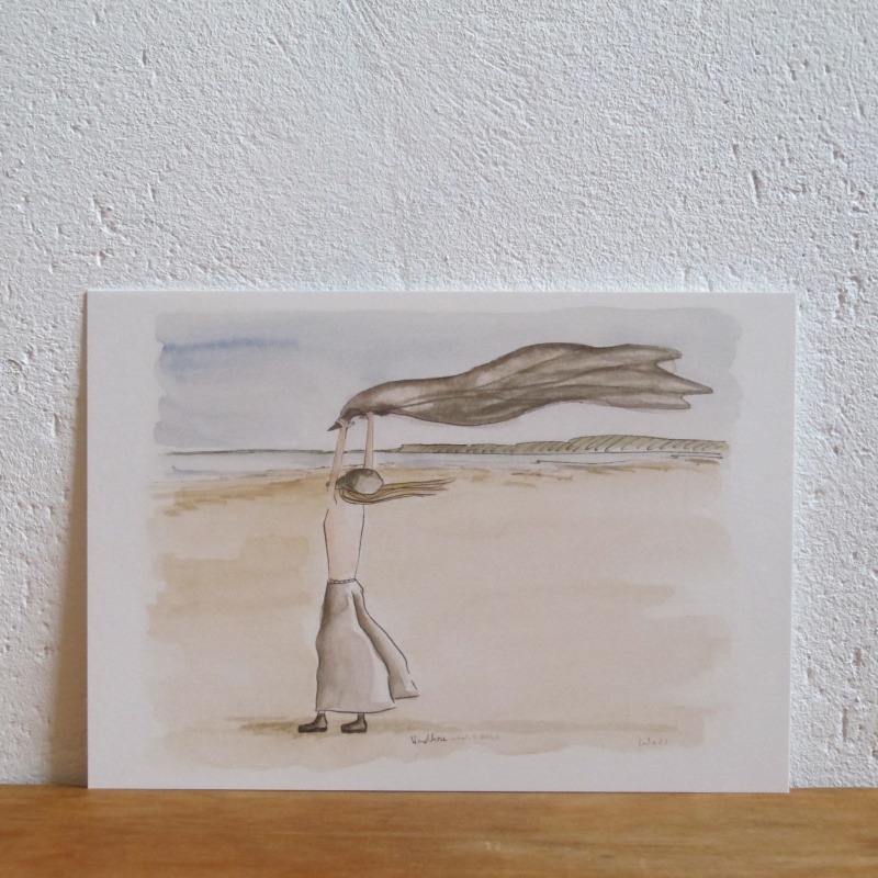 Zartes Aquarell, Sandstrand, Wind und Tuch