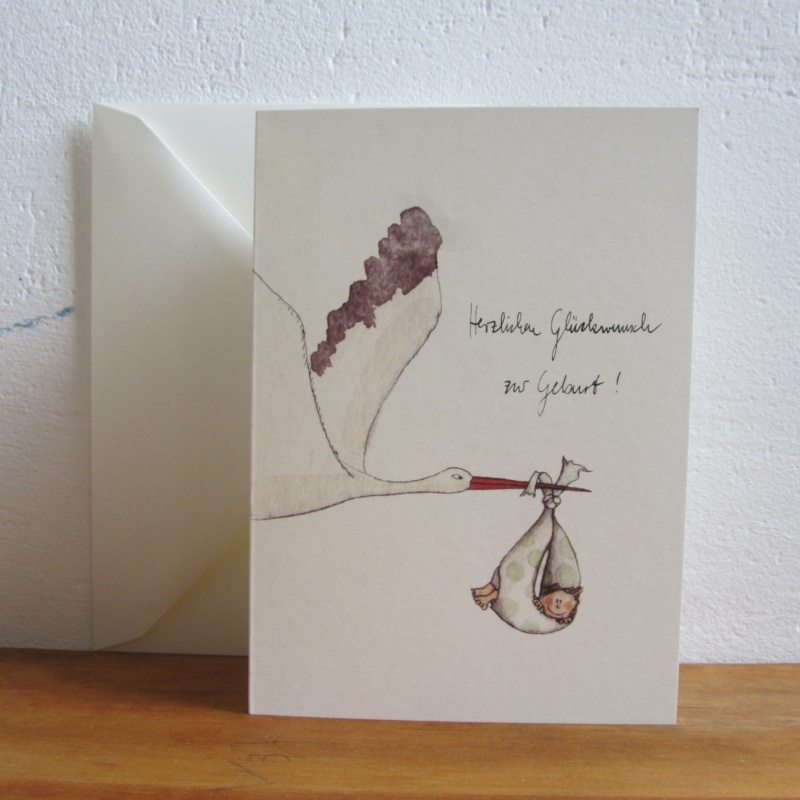 Storch mit Kind zur Geburt anfliegend