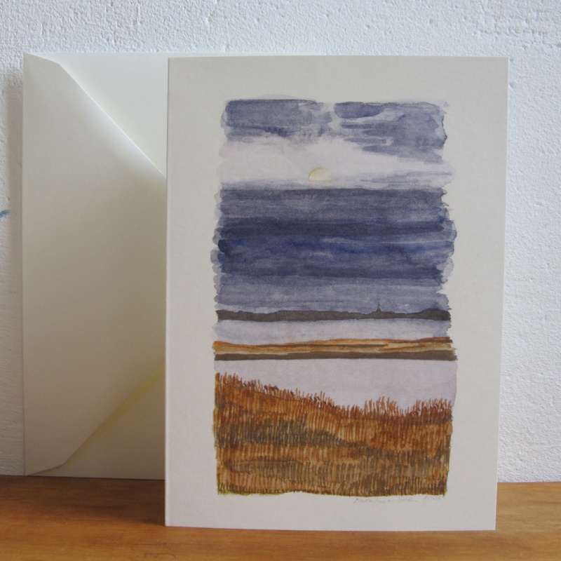 Landschaft mit Schilfrand, Abendwolken und Mond in den Wolken als Trauerbriefkarte