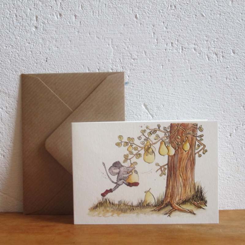 Birnbaum mit gelben Birnen und Maus mit roten Socken