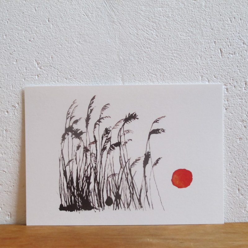 Tusche Schilf Sonne rot